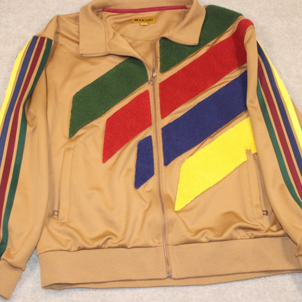 Makobi Mens XL Tracksuit Set Tan Camel Multi Color Stripe Zip Jacket Pants M2757 - Picture 4 of 16
